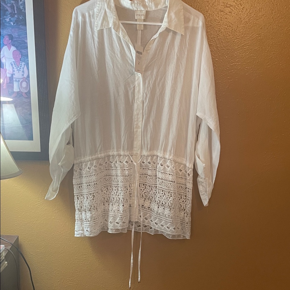 Chico's White Button Down Shirt with Lace Hem